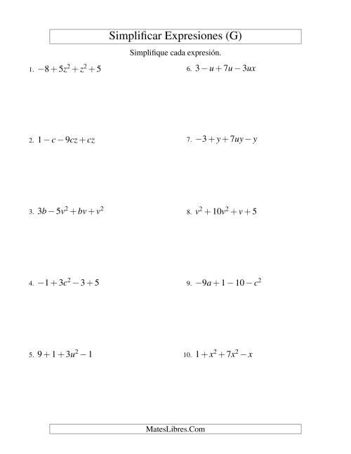 La hoja de ejercicios de Simplificar Expresiones Algebraicas, Suma y Resta, Dos Variables, Cuatro Términos (G)