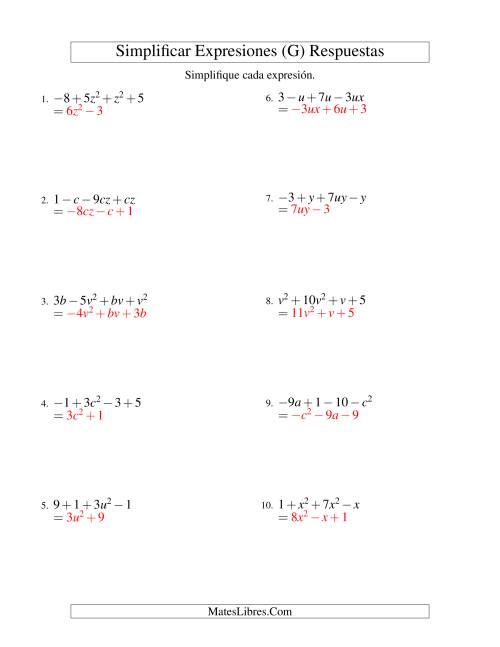 La hoja de ejercicios de Simplificar Expresiones Algebraicas, Suma y Resta, Dos Variables, Cuatro Términos (G) Página 2