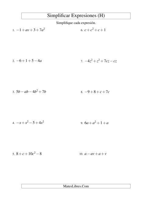 La hoja de ejercicios de Simplificar Expresiones Algebraicas, Suma y Resta, Dos Variables, Cuatro Términos (H)