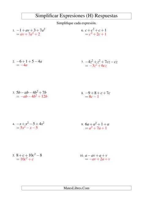 La hoja de ejercicios de Simplificar Expresiones Algebraicas, Suma y Resta, Dos Variables, Cuatro Términos (H) Página 2