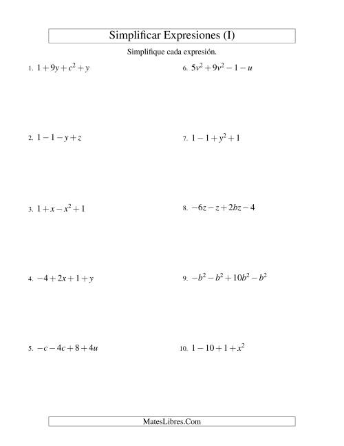 La hoja de ejercicios de Simplificar Expresiones Algebraicas, Suma y Resta, Dos Variables, Cuatro Términos (I)
