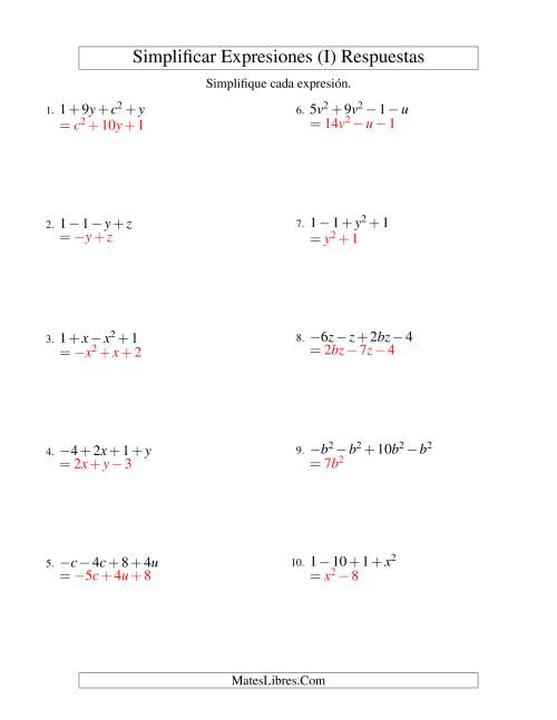 La hoja de ejercicios de Simplificar Expresiones Algebraicas, Suma y Resta, Dos Variables, Cuatro Términos (I) Página 2