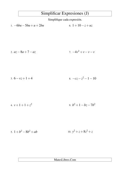 La hoja de ejercicios de Simplificar Expresiones Algebraicas, Suma y Resta, Dos Variables, Cuatro Términos (J)