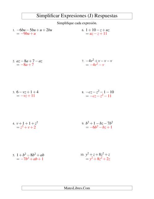 La hoja de ejercicios de Simplificar Expresiones Algebraicas, Suma y Resta, Dos Variables, Cuatro Términos (J) Página 2