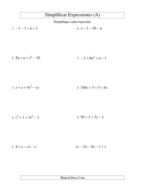 La hoja de ejercicios de Simplificar Expresiones Algebraicas, Suma y Resta, Dos Variables, Cuatro Términos (Todas)