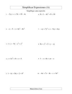 Simplificar Expresiones Algebraicas, Suma y Resta, Dos Variables, Cinco Términos
