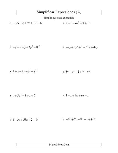 La hoja de ejercicios de Simplificar Expresiones Algebraicas, Suma y Resta, Dos Variables, Cinco Términos (A)