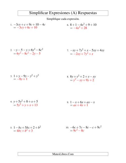 La hoja de ejercicios de Simplificar Expresiones Algebraicas, Suma y Resta, Dos Variables, Cinco Términos (A) Página 2