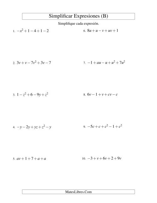 La hoja de ejercicios de Simplificar Expresiones Algebraicas, Suma y Resta, Dos Variables, Cinco Términos (B)