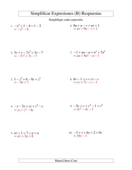 La hoja de ejercicios de Simplificar Expresiones Algebraicas, Suma y Resta, Dos Variables, Cinco Términos (B) Página 2