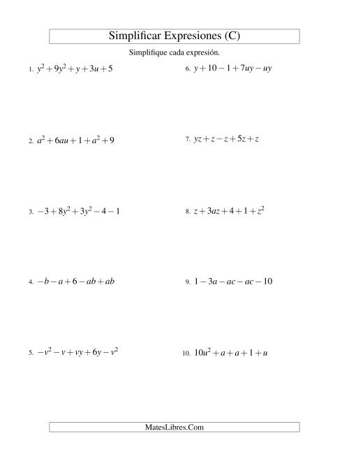 La hoja de ejercicios de Simplificar Expresiones Algebraicas, Suma y Resta, Dos Variables, Cinco Términos (C)