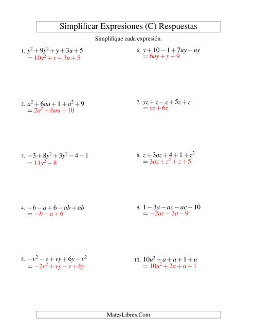 La hoja de ejercicios de Simplificar Expresiones Algebraicas, Suma y Resta, Dos Variables, Cinco Términos (C) Página 2