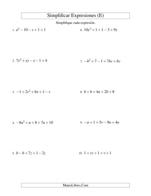 La hoja de ejercicios de Simplificar Expresiones Algebraicas, Suma y Resta, Dos Variables, Cinco Términos (E)