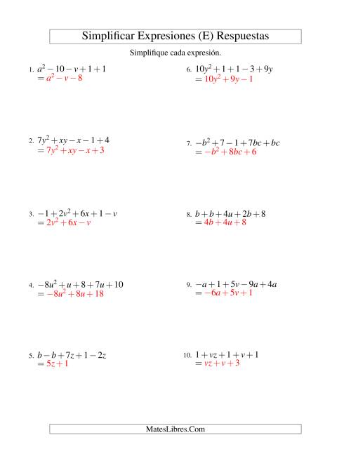 La hoja de ejercicios de Simplificar Expresiones Algebraicas, Suma y Resta, Dos Variables, Cinco Términos (E) Página 2