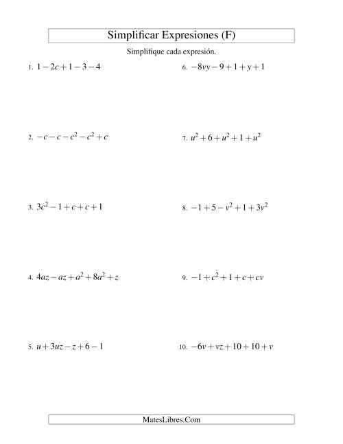 La hoja de ejercicios de Simplificar Expresiones Algebraicas, Suma y Resta, Dos Variables, Cinco Términos (F)