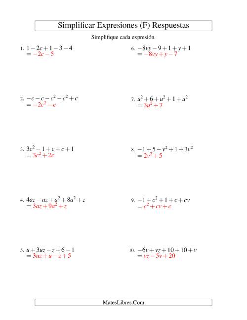 La hoja de ejercicios de Simplificar Expresiones Algebraicas, Suma y Resta, Dos Variables, Cinco Términos (F) Página 2