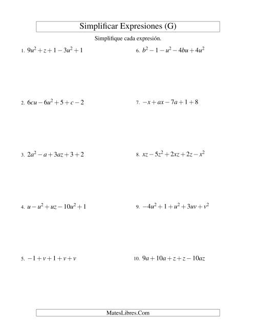 La hoja de ejercicios de Simplificar Expresiones Algebraicas, Suma y Resta, Dos Variables, Cinco Términos (G)
