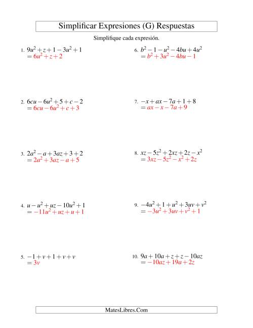 La hoja de ejercicios de Simplificar Expresiones Algebraicas, Suma y Resta, Dos Variables, Cinco Términos (G) Página 2