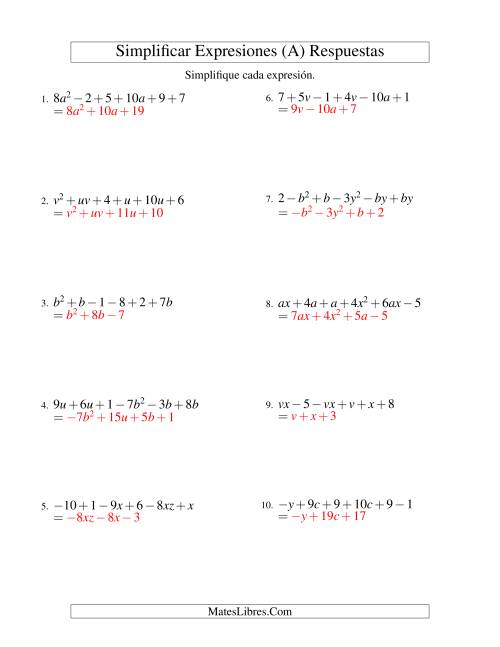 La hoja de ejercicios de Simplificar Expresiones Algebraicas, Suma y Resta, Dos Variables, Seis Términos (A) Página 2