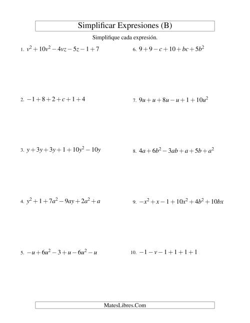 La hoja de ejercicios de Simplificar Expresiones Algebraicas, Suma y Resta, Dos Variables, Seis Términos (B)