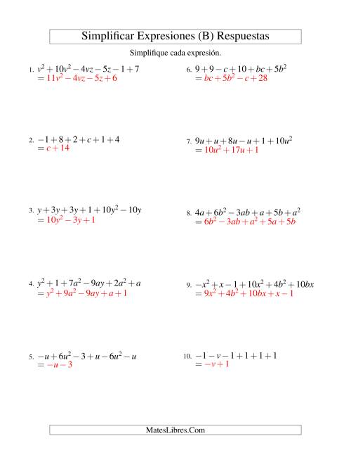 La hoja de ejercicios de Simplificar Expresiones Algebraicas, Suma y Resta, Dos Variables, Seis Términos (B) Página 2