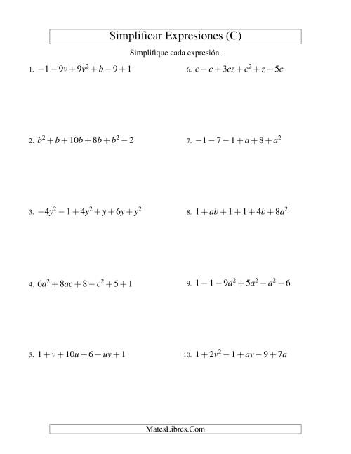 La hoja de ejercicios de Simplificar Expresiones Algebraicas, Suma y Resta, Dos Variables, Seis Términos (C)