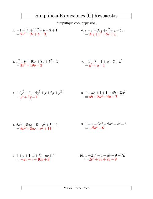 La hoja de ejercicios de Simplificar Expresiones Algebraicas, Suma y Resta, Dos Variables, Seis Términos (C) Página 2