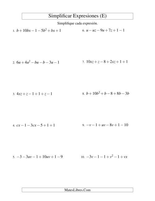 La hoja de ejercicios de Simplificar Expresiones Algebraicas, Suma y Resta, Dos Variables, Seis Términos (E)