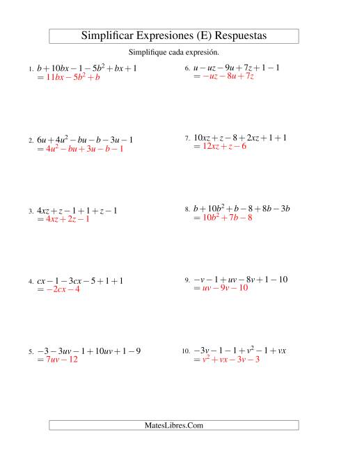 La hoja de ejercicios de Simplificar Expresiones Algebraicas, Suma y Resta, Dos Variables, Seis Términos (E) Página 2