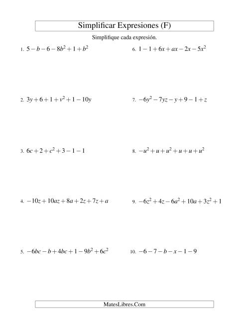 La hoja de ejercicios de Simplificar Expresiones Algebraicas, Suma y Resta, Dos Variables, Seis Términos (F)