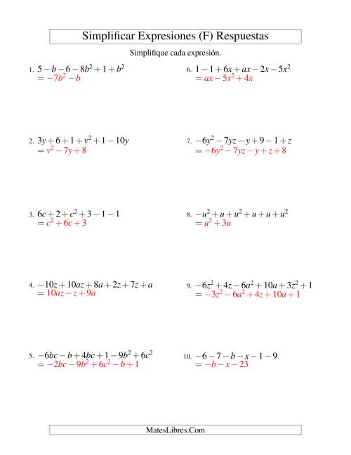 La hoja de ejercicios de Simplificar Expresiones Algebraicas, Suma y Resta, Dos Variables, Seis Términos (F) Página 2