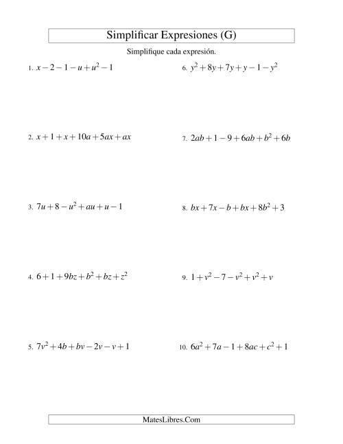 La hoja de ejercicios de Simplificar Expresiones Algebraicas, Suma y Resta, Dos Variables, Seis Términos (G)