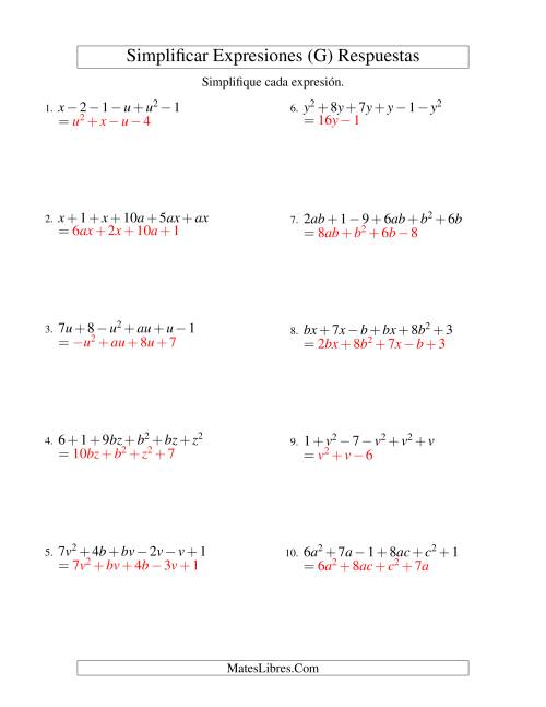La hoja de ejercicios de Simplificar Expresiones Algebraicas, Suma y Resta, Dos Variables, Seis Términos (G) Página 2