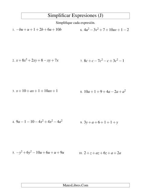 La hoja de ejercicios de Simplificar Expresiones Algebraicas, Suma y Resta, Dos Variables, Seis Términos (J)