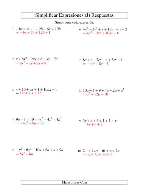 La hoja de ejercicios de Simplificar Expresiones Algebraicas, Suma y Resta, Dos Variables, Seis Términos (J) Página 2