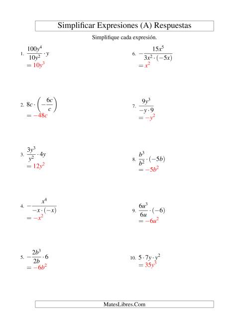 La hoja de ejercicios de Simplificar Expresiones Algebraicas, Multiplicación y División, Una Variable, Tres Términos (A) Página 2