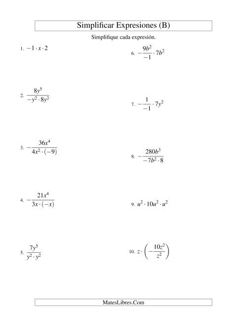 La hoja de ejercicios de Simplificar Expresiones Algebraicas, Multiplicación y División, Una Variable, Tres Términos (B)