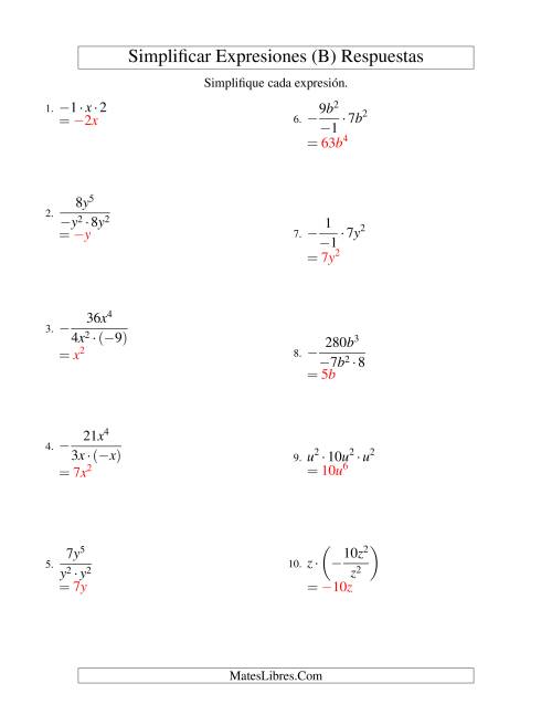 La hoja de ejercicios de Simplificar Expresiones Algebraicas, Multiplicación y División, Una Variable, Tres Términos (B) Página 2