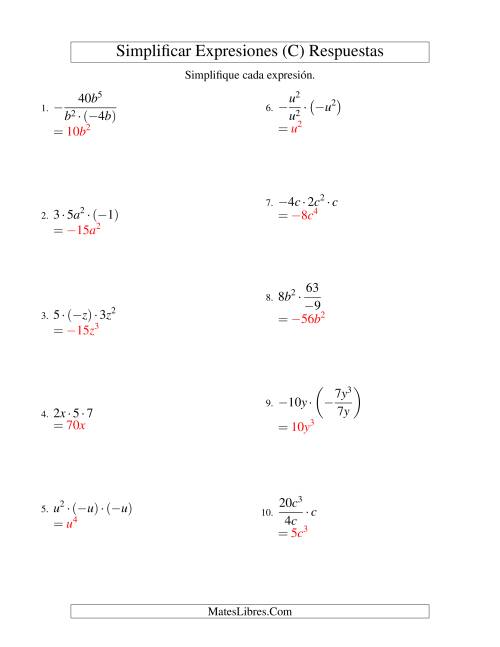 La hoja de ejercicios de Simplificar Expresiones Algebraicas, Multiplicación y División, Una Variable, Tres Términos (C) Página 2