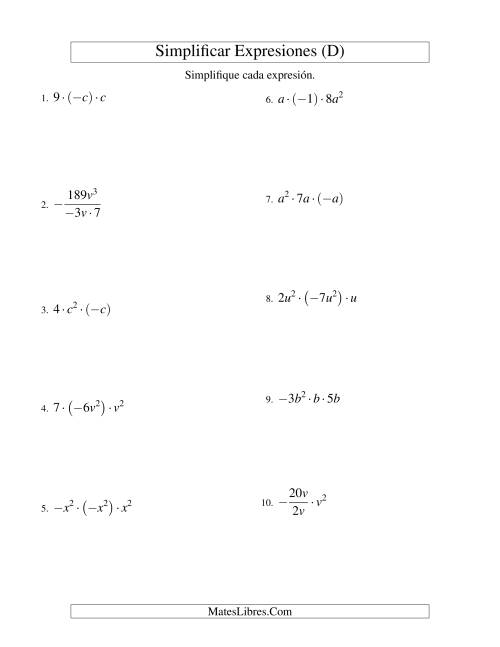 La hoja de ejercicios de Simplificar Expresiones Algebraicas, Multiplicación y División, Una Variable, Tres Términos (D)