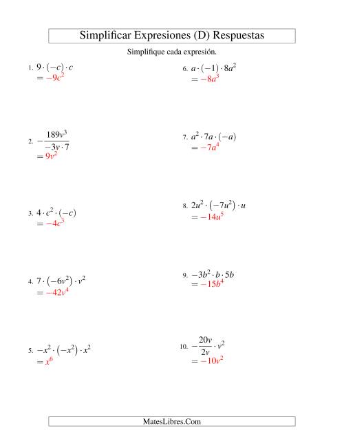 La hoja de ejercicios de Simplificar Expresiones Algebraicas, Multiplicación y División, Una Variable, Tres Términos (D) Página 2