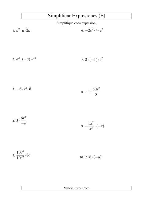 La hoja de ejercicios de Simplificar Expresiones Algebraicas, Multiplicación y División, Una Variable, Tres Términos (E)