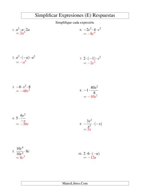 La hoja de ejercicios de Simplificar Expresiones Algebraicas, Multiplicación y División, Una Variable, Tres Términos (E) Página 2