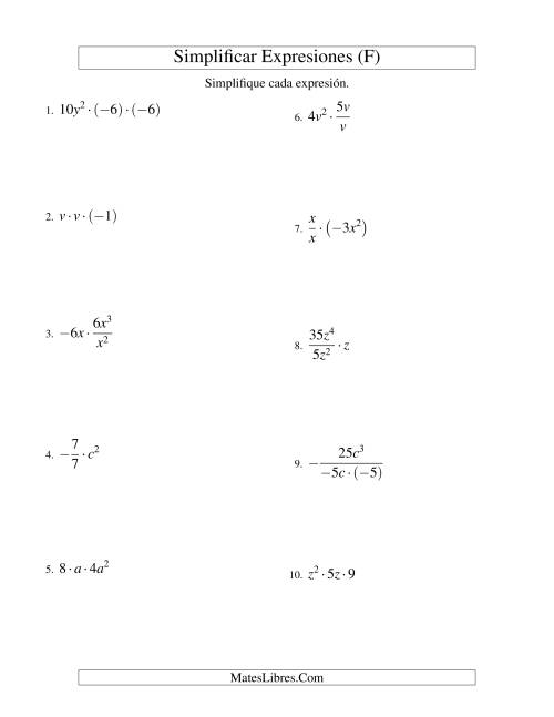 La hoja de ejercicios de Simplificar Expresiones Algebraicas, Multiplicación y División, Una Variable, Tres Términos (F)