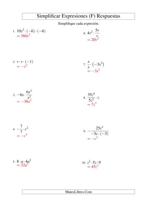 La hoja de ejercicios de Simplificar Expresiones Algebraicas, Multiplicación y División, Una Variable, Tres Términos (F) Página 2