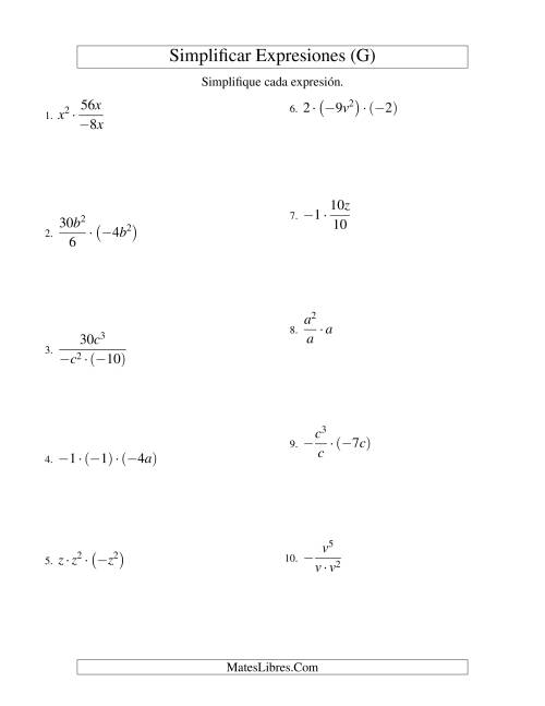 La hoja de ejercicios de Simplificar Expresiones Algebraicas, Multiplicación y División, Una Variable, Tres Términos (G)
