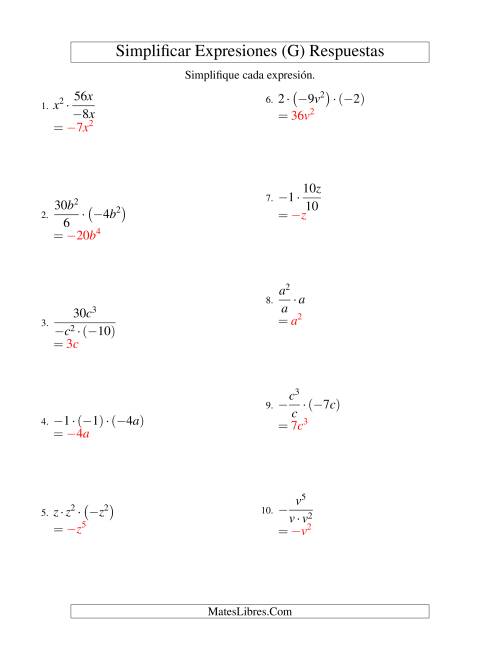 La hoja de ejercicios de Simplificar Expresiones Algebraicas, Multiplicación y División, Una Variable, Tres Términos (G) Página 2