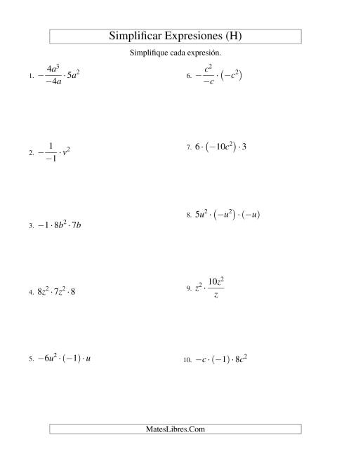 La hoja de ejercicios de Simplificar Expresiones Algebraicas, Multiplicación y División, Una Variable, Tres Términos (H)