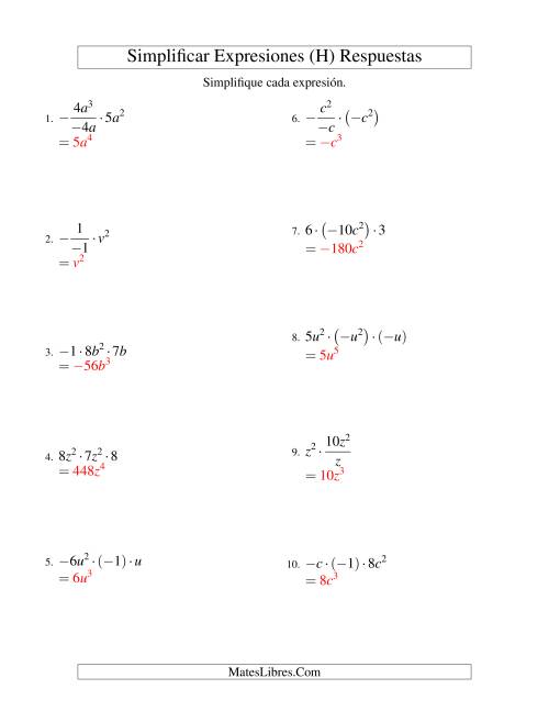 La hoja de ejercicios de Simplificar Expresiones Algebraicas, Multiplicación y División, Una Variable, Tres Términos (H) Página 2