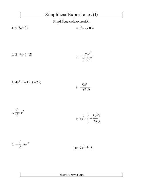 La hoja de ejercicios de Simplificar Expresiones Algebraicas, Multiplicación y División, Una Variable, Tres Términos (I)